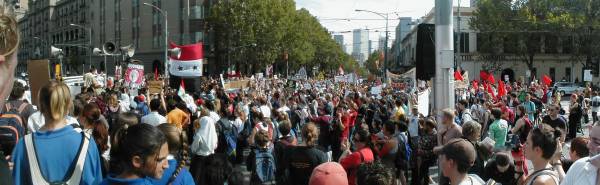 Panorama: Students in Spring Street looking down Bourke St